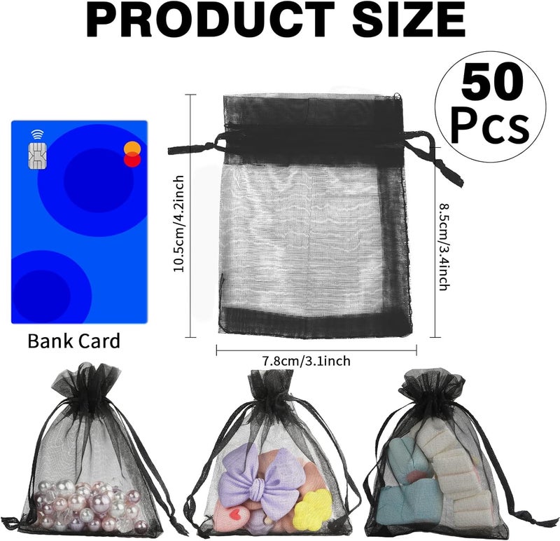 BOEIAC Organza Bags, Black 50Pcs, Sheer Bags 3 x 4 inch, Jewelry Gift Party Favor with Drawstring, Small Mesh Pouches Mini Candy for Wedding Christmas, - Image 2
